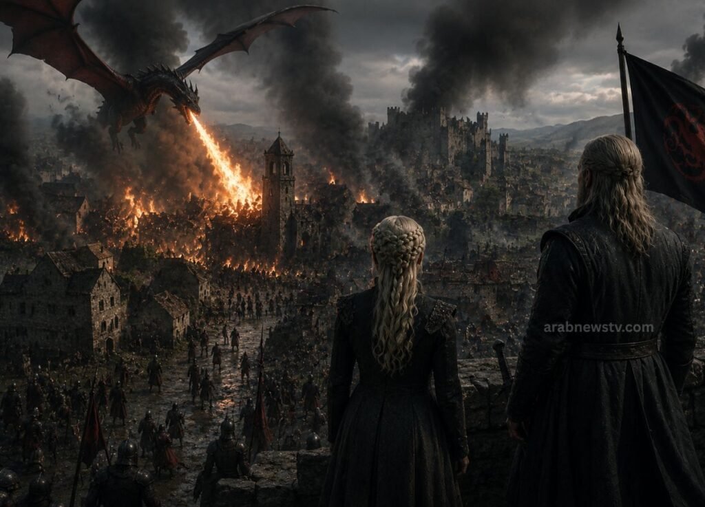 - Two figures with braided hair in dark cloaks stand on a battlement, watching a dragon breathe fire over a burning medieval city.