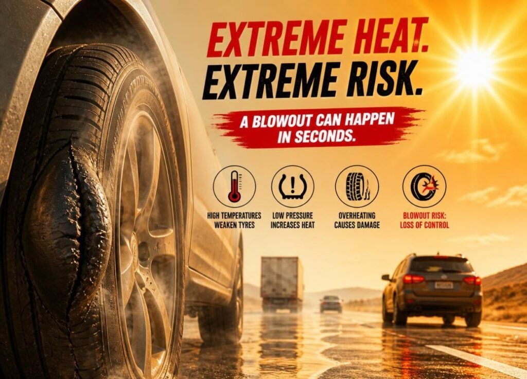 - Poster warning about extreme heat and tire blowout risk on a sunny highway, featuring a close-up tire on the left and bold text reading 'EXTREME HEAT. EXTREME RISK.'