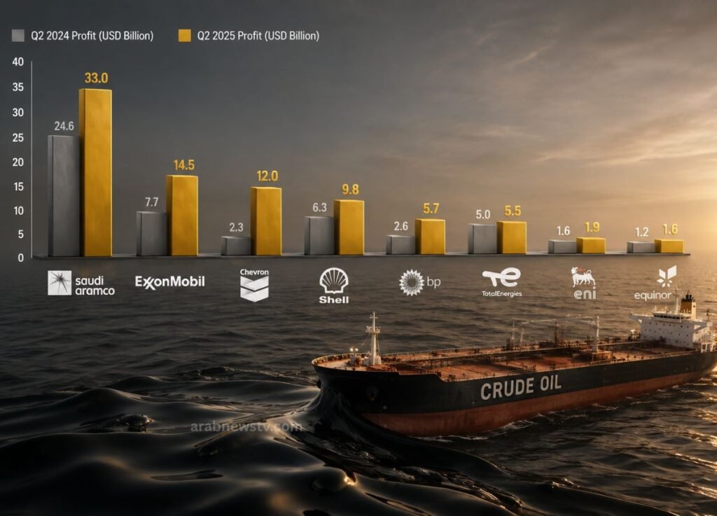 - Arab News TV Bar chart comparing Q2 2024 (gray) and Q2 2025 (yellow) profits in USD billions for Saudi Aramco, ExxonMobil, Chevron, Shell, BP, TotalEnergies, Eni, and Equinor over a seascape with a crude oil tanker.