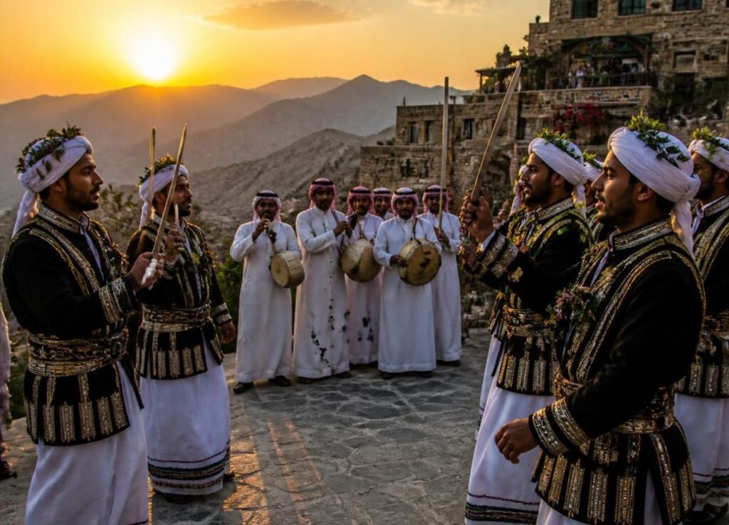 Group of men in ornate traditional white and black outfits with gold embroidery perform a sword dance at sunset on a stone terrace, with drummers and a hilltop fortress in the background.