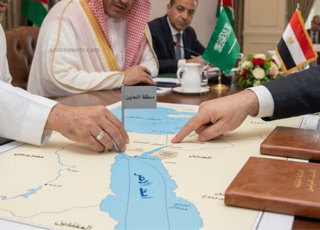 - Two delegates point at a map during a diplomatic meeting; flags of Saudi Arabia and Egypt on the table, with a small Arabic sign reading التعاون قرب the map.