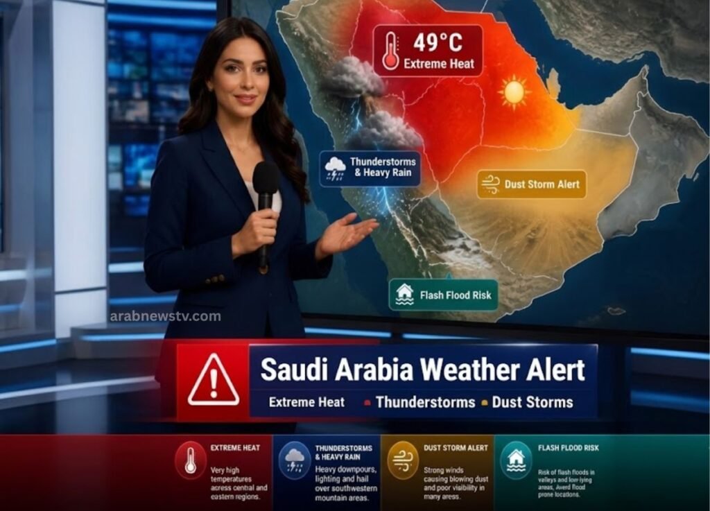 - Female news presenter delivers a weather forecast in front of a Saudi Arabia map with alerts for Extreme Heat, Thunderstorms, Dust Storms, and Flash Flood Risk.