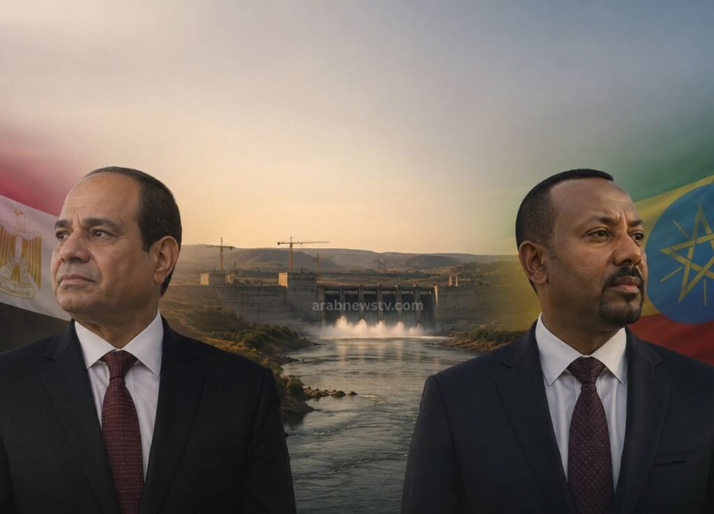 Two men in dark suits stand on either side of a dam backdrop, with the Egyptian flag to the left and the Ethiopian flag to the right.