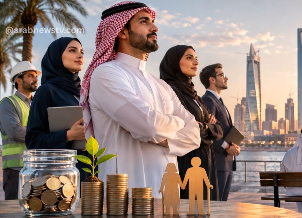 arabnewstvcom 6 - Group of diverse professionals standing with arms crossed by a waterfront skyline, coins, a plant, and family-shaped cutouts on a table signaling financial planning or wealth management.