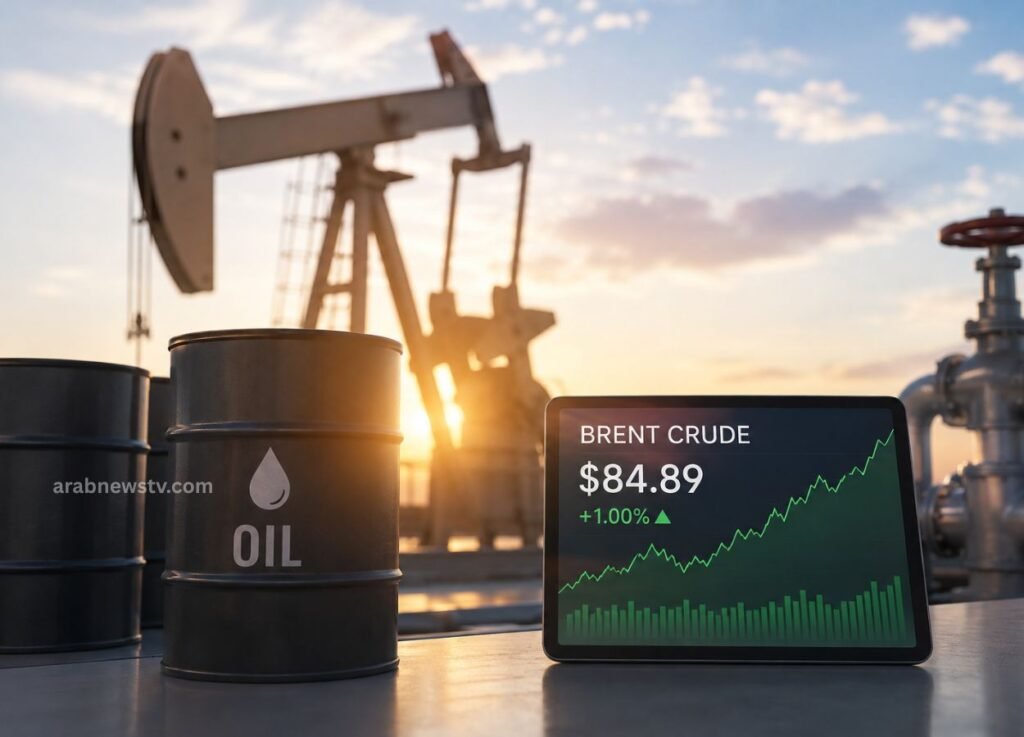 - Oil barrels and a pump jack at sunset, with a tablet showing Brent Crude price .89 and a rising chart.