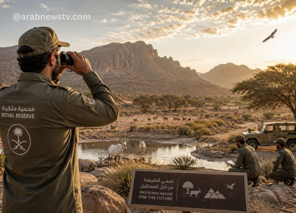 arabnewstvcom 7 - Ranger in a green uniform uses binoculars to observe gazelles at a waterhole in a desert reserve at sunset, with a jeep nearby and a banner reading 'Protecting Nature for the Future' in Arabic and English.