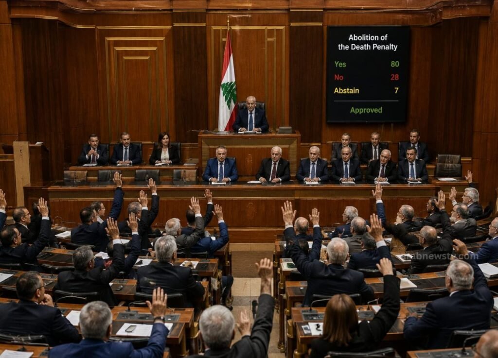- Arab News TV Lebanese lawmakers in a parliament chamber vote on abolition of the death penalty, many hands raised, flag in background.