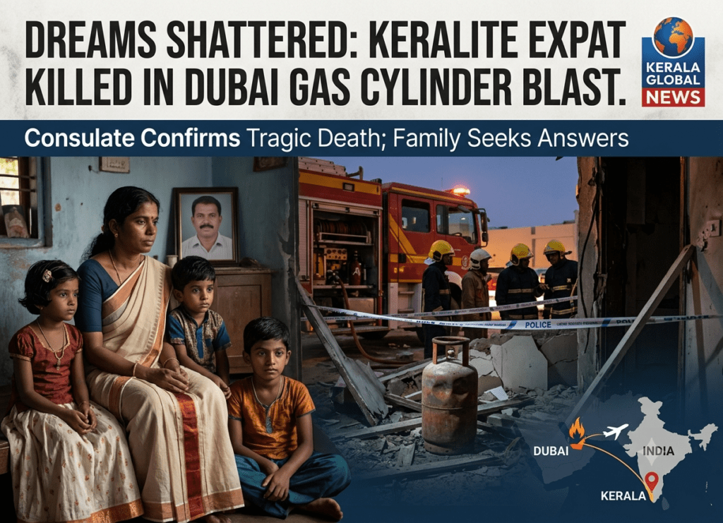 - News banner shows a grieving Kerala family seated in a damaged home; firefighters and police tape in the background, with a map of Dubai and Kerala.