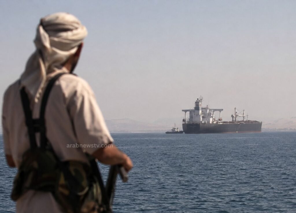 - Man wearing a headscarf and beige clothing watches a large cargo ship on the calm sea.