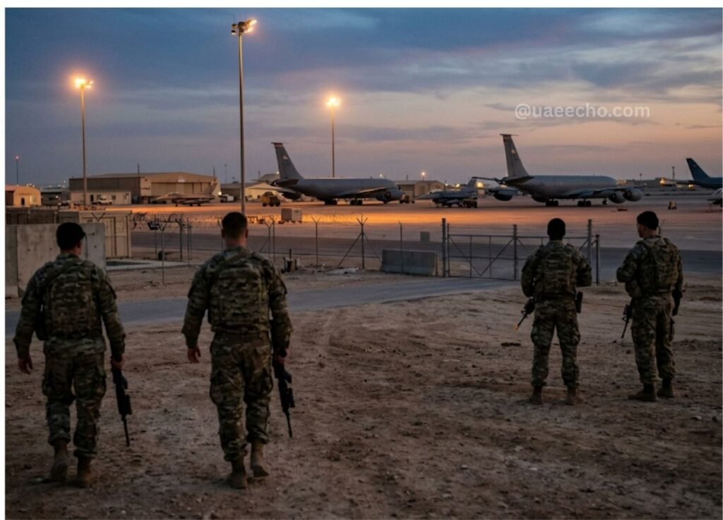 Four soldiers in camouflage with rifles stand on a dusty airbase at dusk, with fighter jets and hangars in the background.