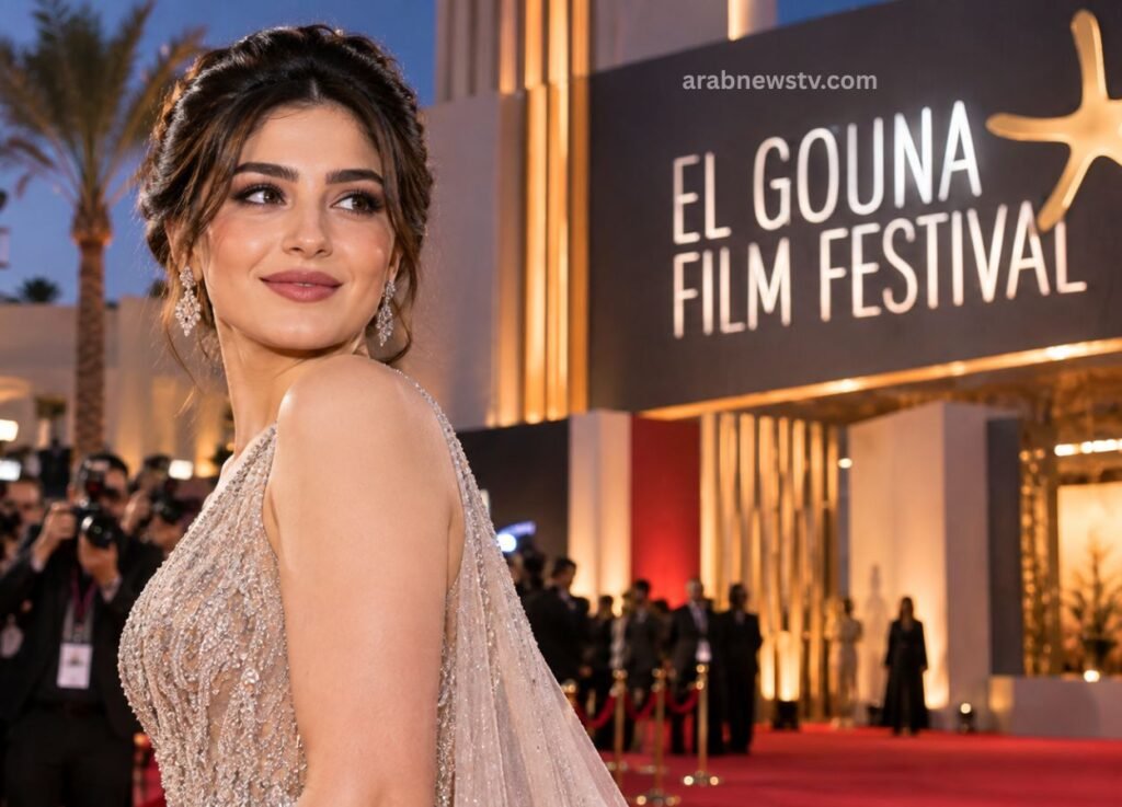 Glamorous woman in a beaded evening gown posing on the red carpet at El Gouna Film Festival, with photographers in the background.