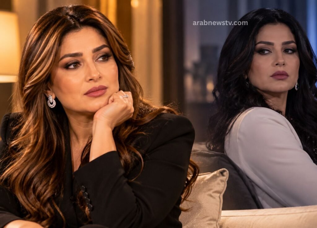 Two women sit on a couch; the woman in a black blazer rests her chin on her hand, looking thoughtful, with a second woman in white beside her. Watermark: arabnewstv.