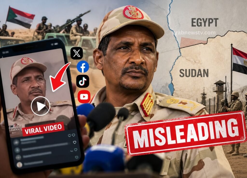 Military officer at a press briefing with a smartphone showing a 'Viral Video' play button; a bold 'MISLEADING' stamp and a map of Egypt and Sudan in the background.