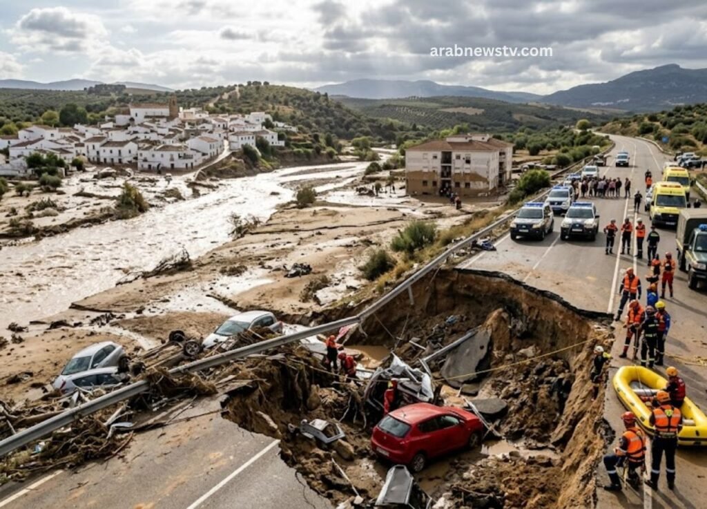 Collapsed highway with a red car tipped into a large crater; debris and emergency responders in orange vests along the road, river and village in the distance.