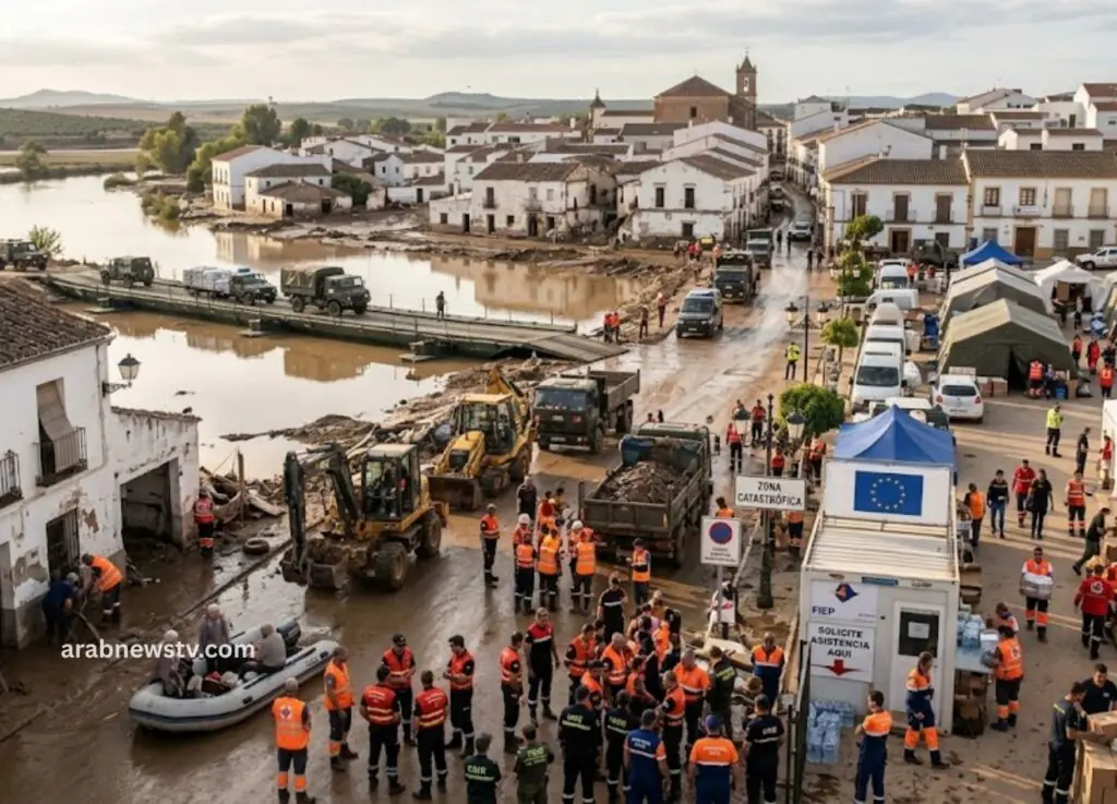 Flood relief scene in a white town: workers in orange vests, tents, trucks, and construction machinery along a muddy, water-lined street near a temporary aid camp.