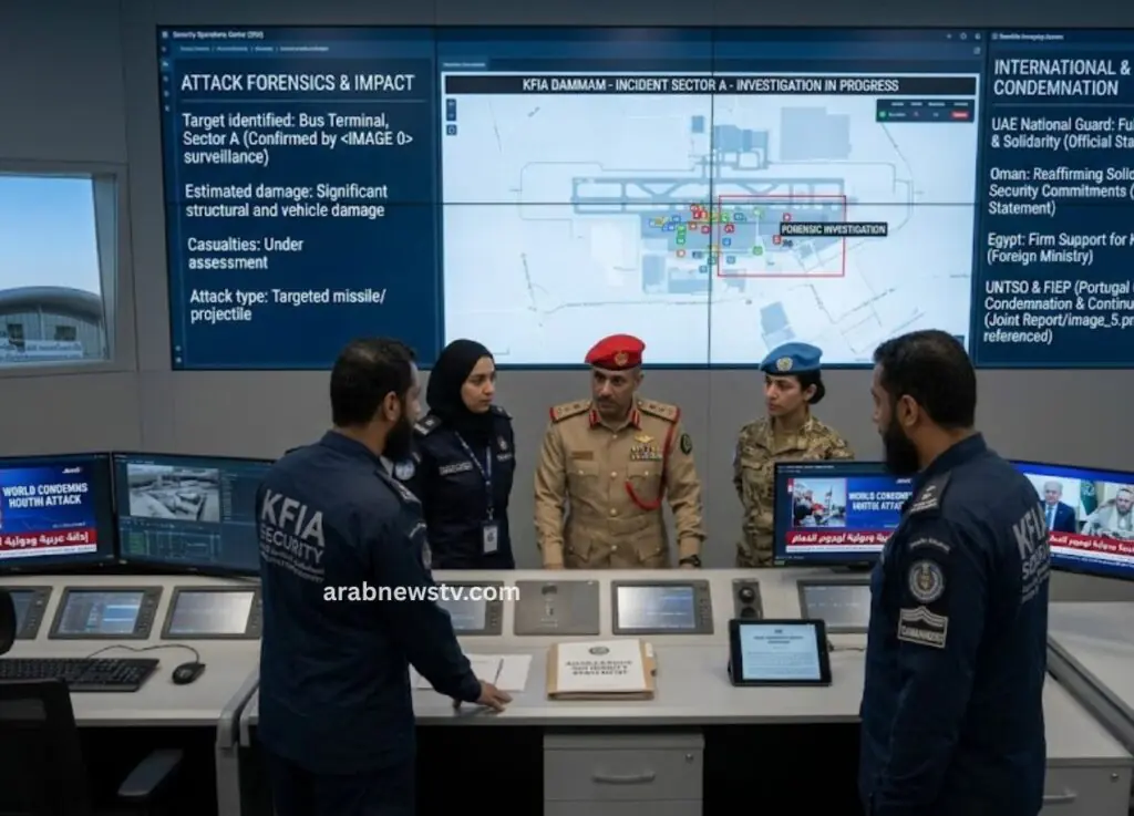Group of security officers in uniform stand around a high-tech command center, facing large wall screens displaying a map and briefings.